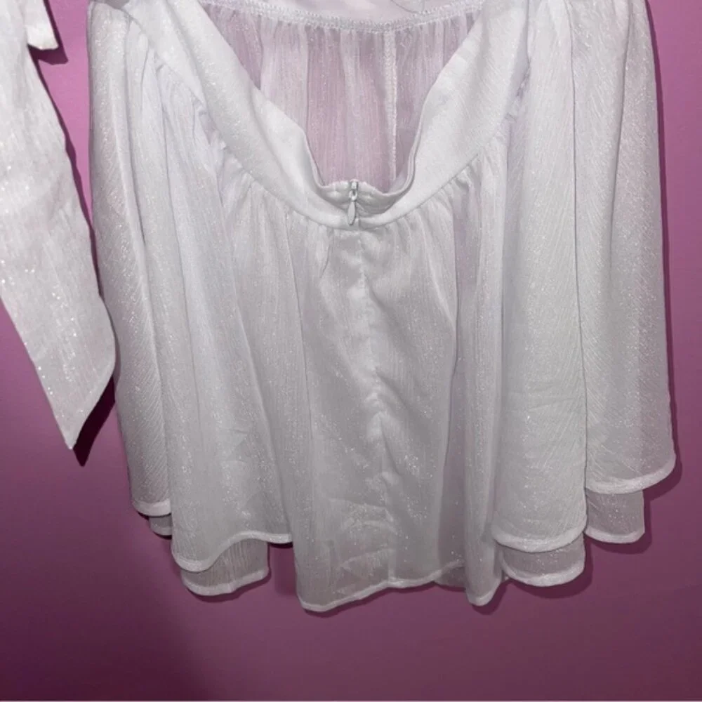Lucy in the Sky Romper Women's Large White Shimmer Ruffle Hem Tie-Back‎ Dress
